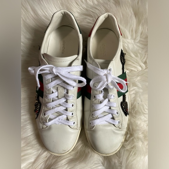 Gucci Shoes Ace Embroidered Arrow White Leather Sneakers Size 8.5 Us Unisex 39 - Picture 3 of 14